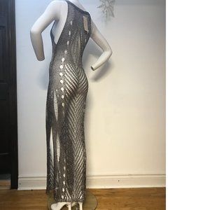 Silver Gunmetal Grey Sheer Knit Mesh Long Shiny Maxi Dress Coverup trendy NWT